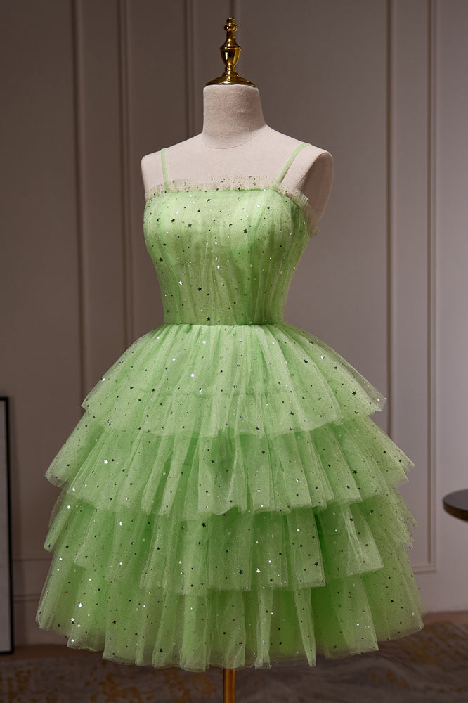 Sparkle Green Spaghetti Straps Sequins Tulle Short Homecoming Dresses