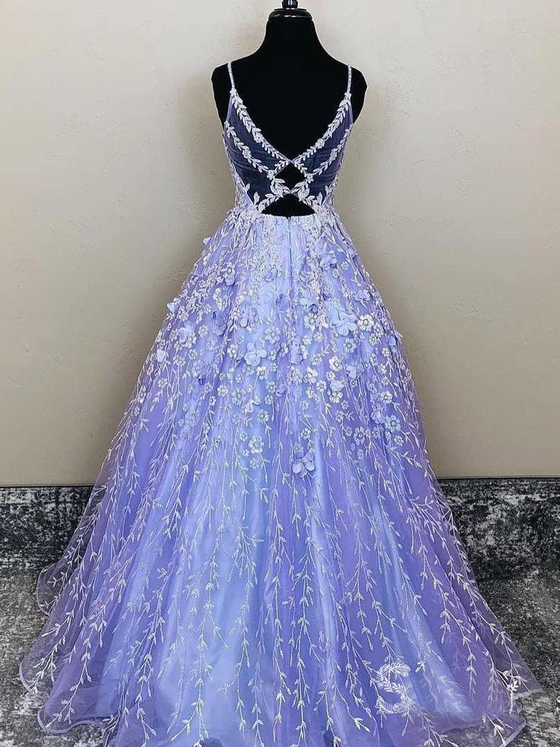 Lavender Spaghetti Straps Lace Floral A-line Formal Gowns Long Prom Dresses