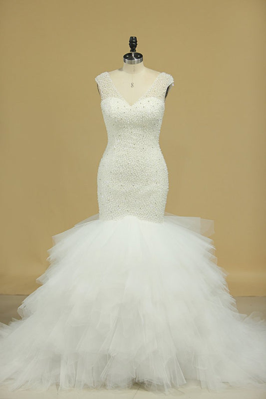 2024 Wedding Dresses V Neck Beaded Bodice Tulle Mermaid Court Train