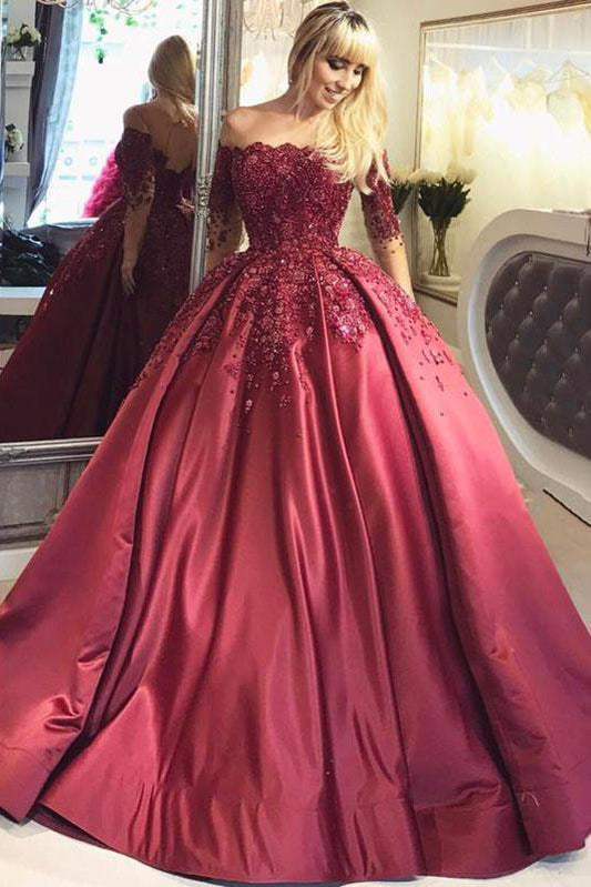 2024 Dark Red Lace Long Sleeve Prom Dress Off-the-Shoulder Ball Gown Quinceanera SRS10076