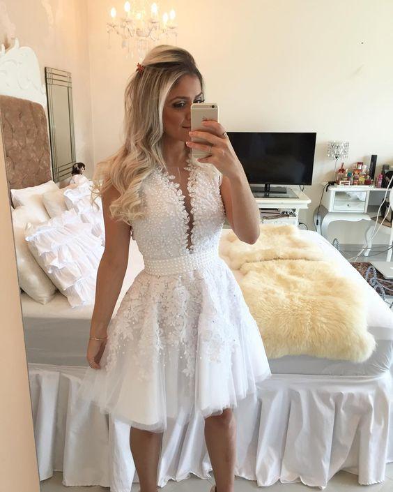 A-line Hot-selling Deep V-Neck White Lace Short Homecoming Dresses JS468