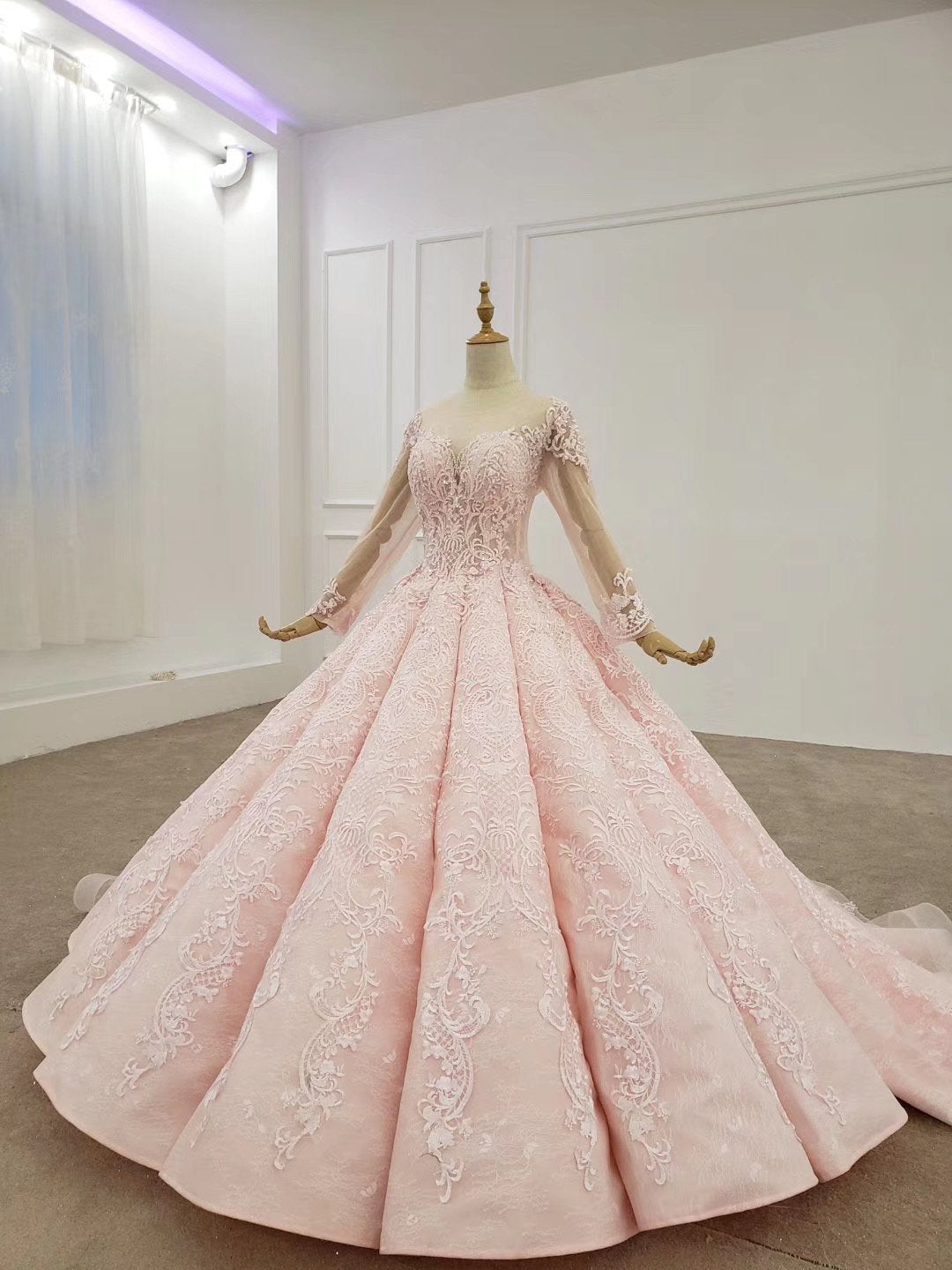 Elegant Ball Gown Pink Long Sleeves Appliques Prom Dresses, Quinceanera SJS20482