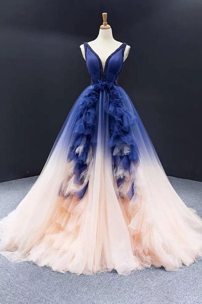 Ball Gown Ombre V Neck Tulle Royal Blue Long Prom Dresses, Quinceanera Dresses SRS15067