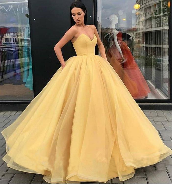 Sweetheart Strapless Yellow Long Modest Prom Gown, Ball Gown Quinceanera Dresses SJS15441