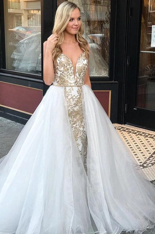 Sheath Spaghetti Straps White Detachable Train Prom Dress with Appliques, Quinceanera Dresses SRS15373