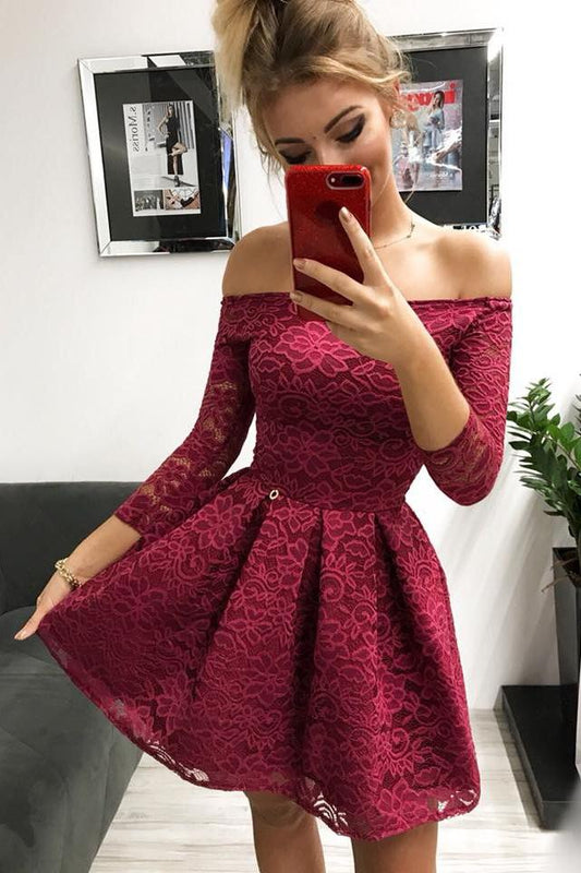 Cute Off the Shoulder Long Sleeves Burgundy Lace Homecoming Dresses Sweet 16 Dresses SJS14972