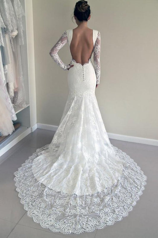 2024 Sexy Open Back Long Sleeves Scoop Wedding Dresses Mermaid Tulle With Applique