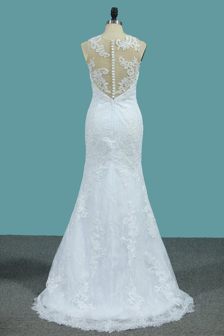 2024 Mermaid  Wedding Dresses Tulle Scoop With AppliqueCourt Train Detachable