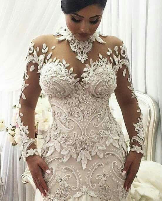 Luxury Crystal Beaded Appliques Mermaid High Neck Long Sleeves Wedding Gowns