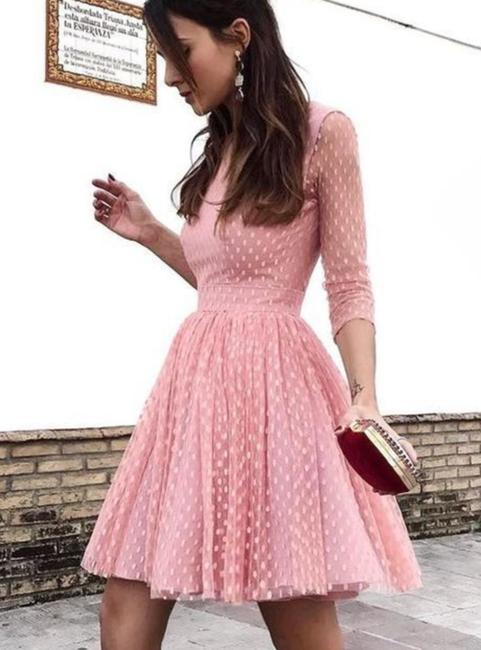 Round Neck Long Sleeves Homecoming Dresses Cocktail Pink Ayanna Open Back Dresses DF10083