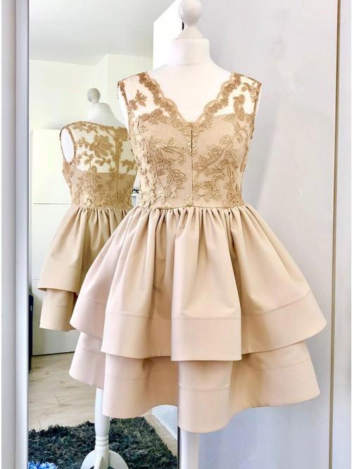 Homecoming Dresses Satin Lace Yadira A-Line V-Neck Champagne Short With CD10263