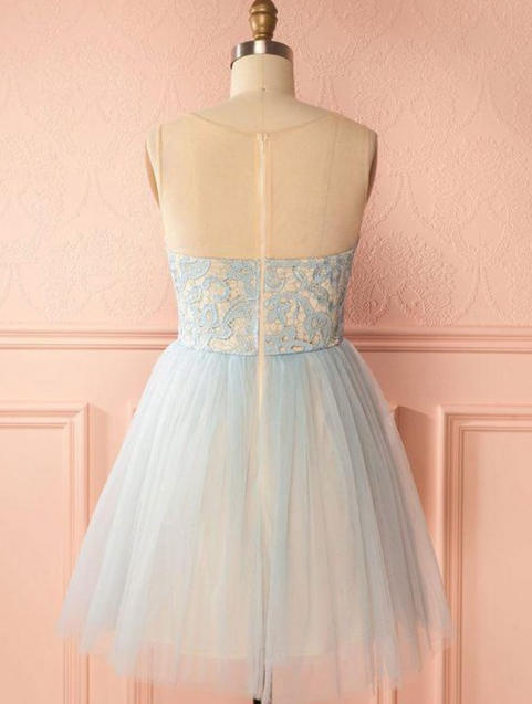 A-Line Round Neck Backless Light Blue With Homecoming Dresses Kiara Lace CD10290