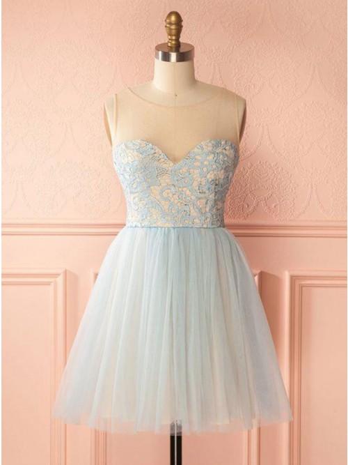 A-Line Round Neck Backless Light Blue With Homecoming Dresses Kiara Lace CD10290