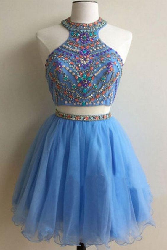 Light Blue Organza Beading Sequins A-Line Short Homecoming Dresses Two Pieces Rhianna For Teens Party Dresses DF10497