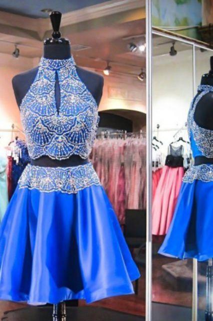 Two Piece High Satin Royal Blue Homecoming Dresses Rylee Neck Keyhole Open Back Short Beaded DF10730