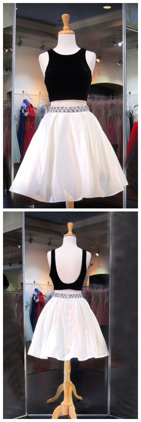 Two Piece Crew Phoebe Homecoming Dresses Satin Ivory Knee-Length Backless With Beading DF10732