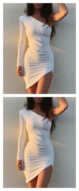 One Shoulder White Long Sleeve Kendal Homecoming Dresses CD10904