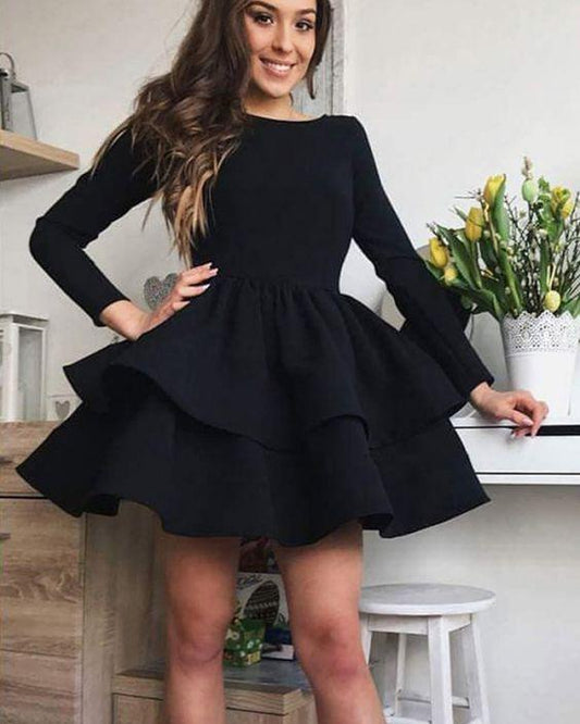 Simple Black Satin Cadence Homecoming Dresses Layered With Long Sleeves CD1091