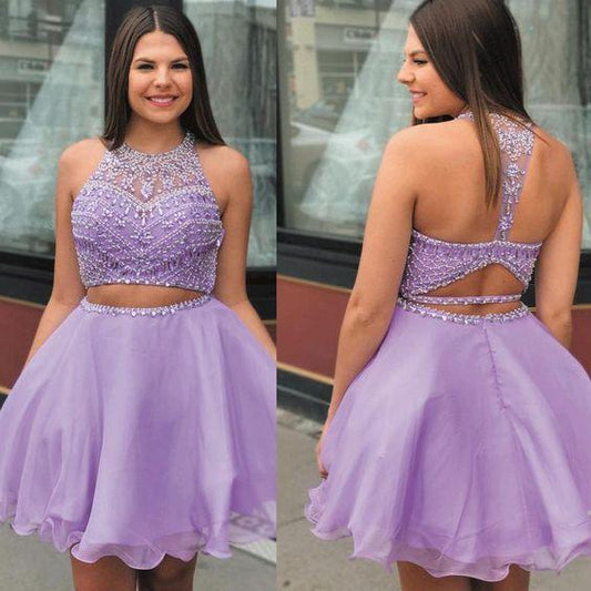 Purple Two Piece Dresses Short 2024 Beaded Halter Sexy Lavender Graduation Homecoming Dresses Sloane Dress DF11563