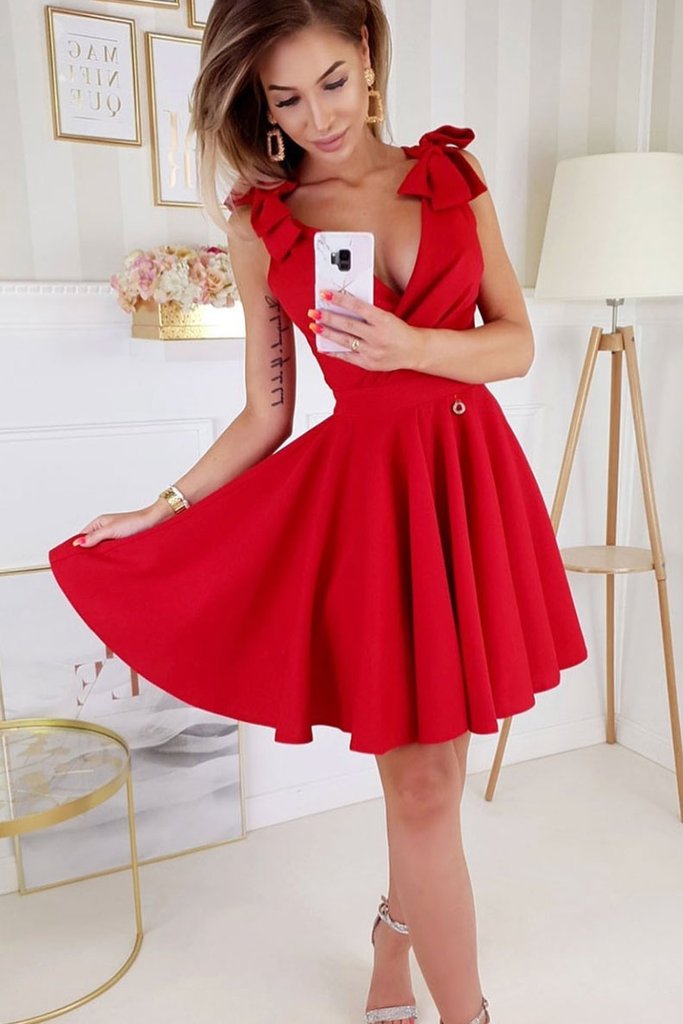 Judy Homecoming Dresses RED V NECK SATIN SHORT DRESS RED SATIN CD11899