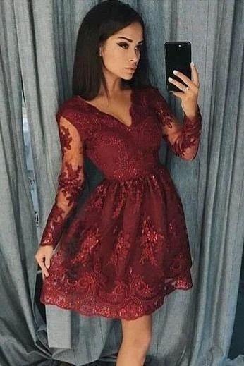 Melissa Homecoming Dresses Lace Burgundy Long Sleeve Dress CD12110