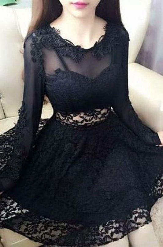 Sexy Black Jewel Neck Lace Homecoming Dresses Aryanna Long Sleeves A-Line Short DF1282