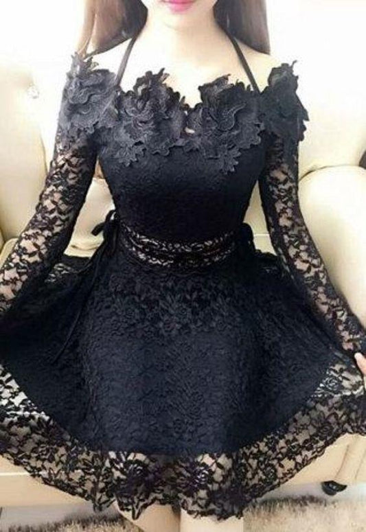 Sexy Black Halter Long Sleeves Bailey Homecoming Dresses Lace Short CD1283