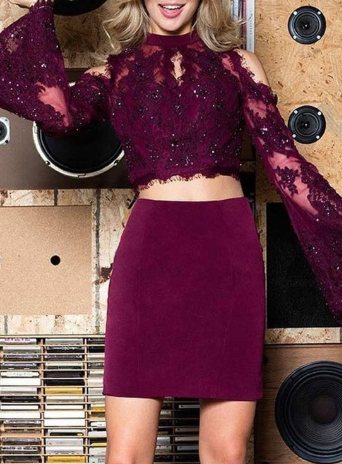 Maroon Two Piece Homecoming Dresses Lace Makaila Beading Sheath Long Sleeve CD1308