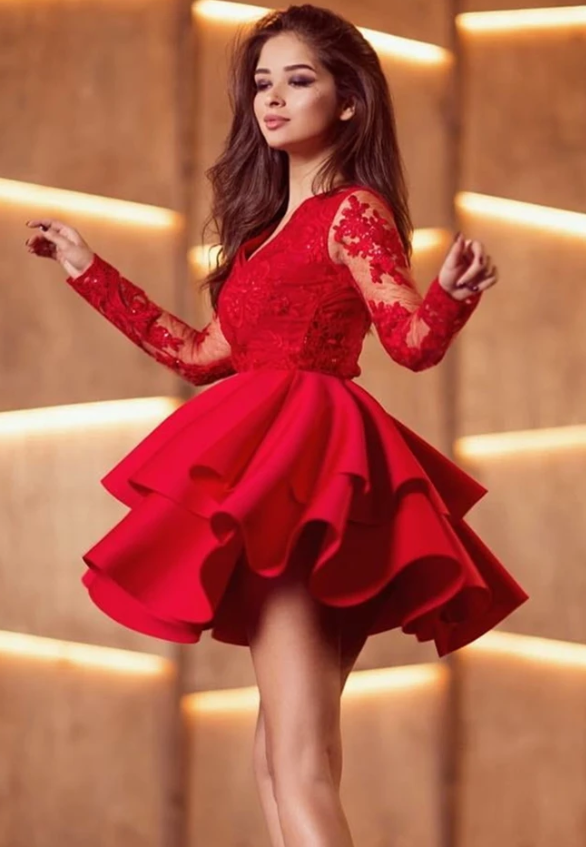 Long Sleeves Lace Homecoming Dresses Kiana Red Formal Graduation CD13224