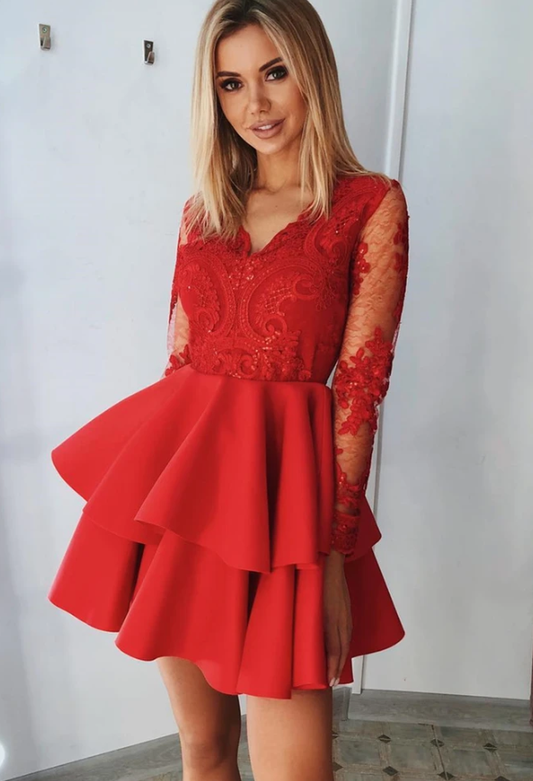 Long Sleeves Lace Homecoming Dresses Kiana Red Formal Graduation CD13224