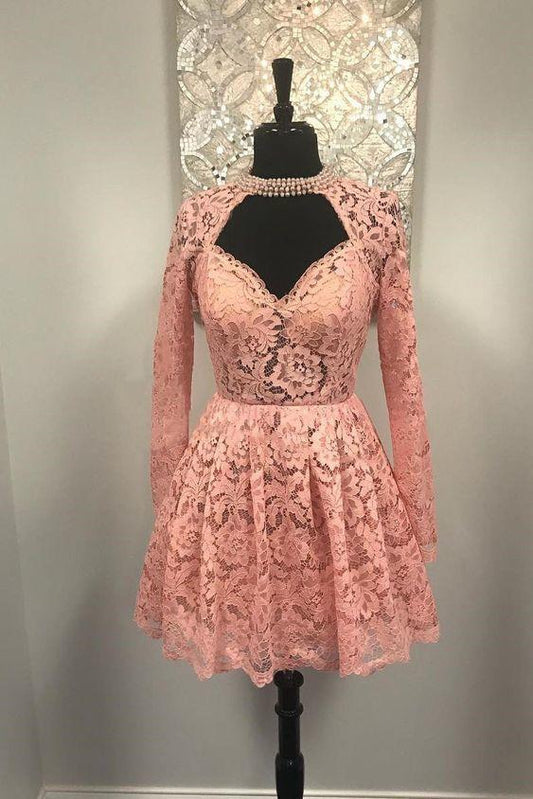 Sweetheart Long Sleeves Kaelyn Homecoming Dresses Lace Pink Short CD14021