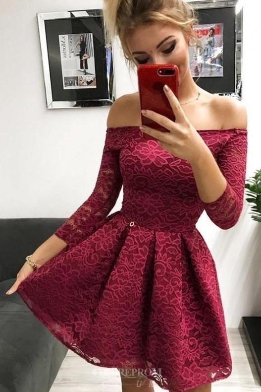 Off-The-Shoulder Long Sleeves Homecoming Dresses Jocelyn Lace Burgundy CD1446