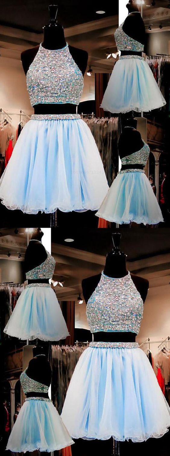 Two Piece A-Line Halter Organza Regina Homecoming Dresses Beaded Short Light Blue DF146