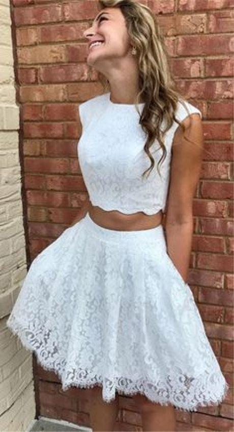 Polly Homecoming Dresses Lace Two Piece Crew Above-Knee White With Pockets CD1464