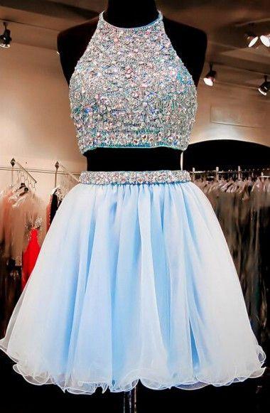 Two Piece A-Line Halter Organza Regina Homecoming Dresses Beaded Short Light Blue DF146