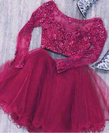 Two Piece Long Sleeves Tulle Lace Homecoming Dresses Vivien Short With Beads CD1507