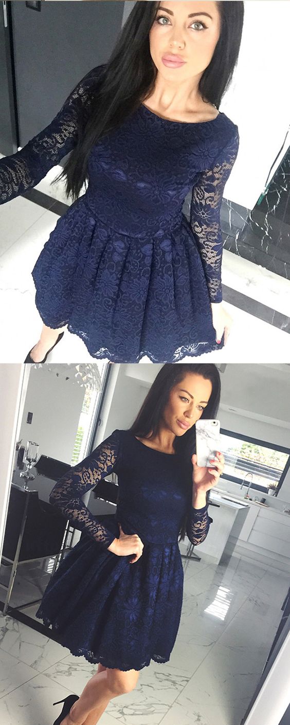 Lace Homecoming Dresses Ayla Bateau Navy Blue Short With Long Sleeves CD1508