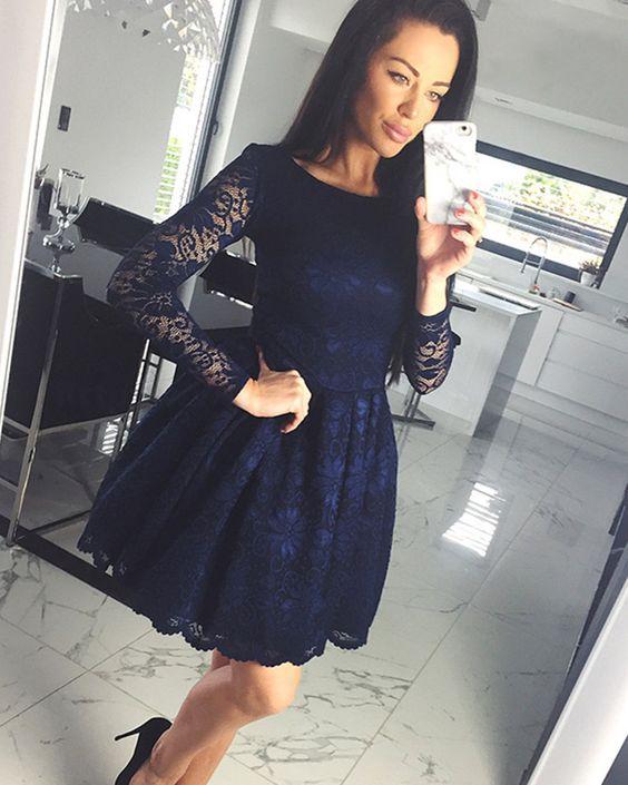 Lace Homecoming Dresses Ayla Bateau Navy Blue Short With Long Sleeves CD1508