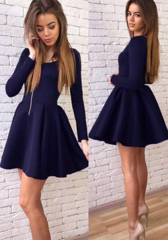 Mayra Homecoming Dresses Cheap Navy Blue Long Sleeves Modest Mini Short CD156