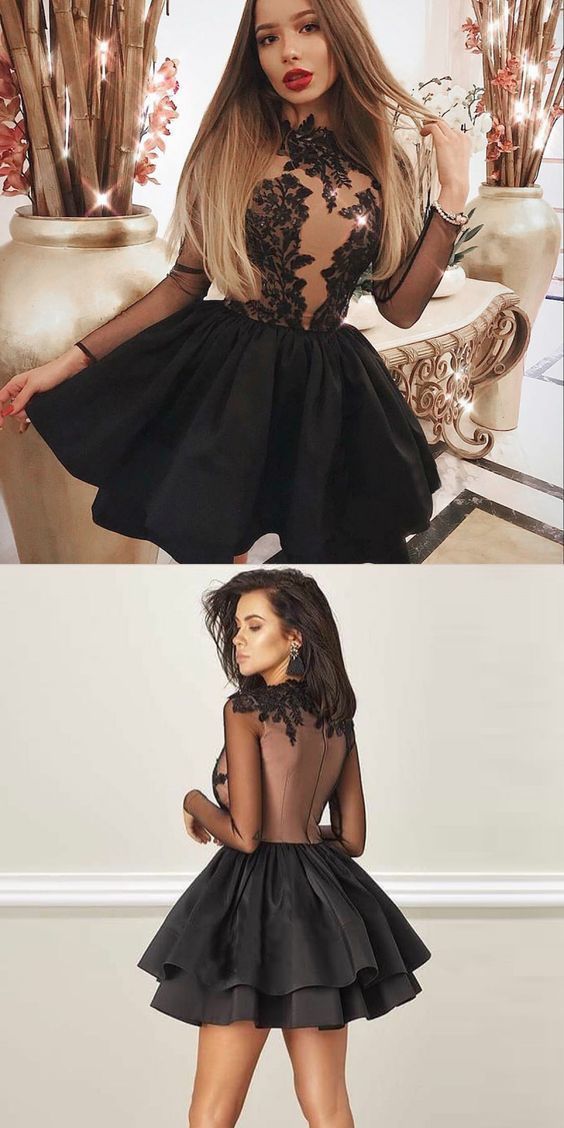 A-Line Black Appliques Long Sleeve Short Satin Jasmine Homecoming Dresses CD157