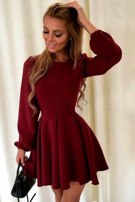 Homecoming Dresses Elvira A-Line Long Sleeve Burgundy CD1582