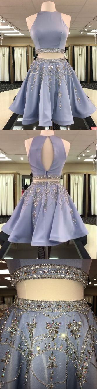 Two Piece Round Neck Short Light Sky Blue Rebecca Homecoming Dresses Beaded Cheap DF16