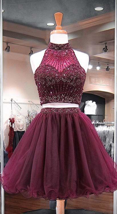 Burgundy Two Piece Beading Stylish Haven Homecoming Dresses Short Tulle Party Gowns DF1630