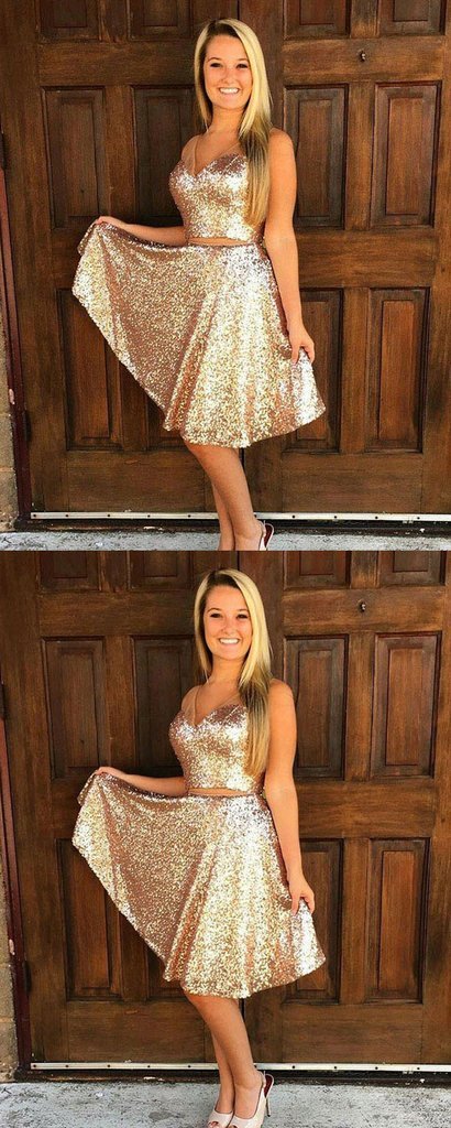 A-Line V-Neck Sleeveless Gold Mercedes Two Pieces Homecoming Dresses Sequined CD1654