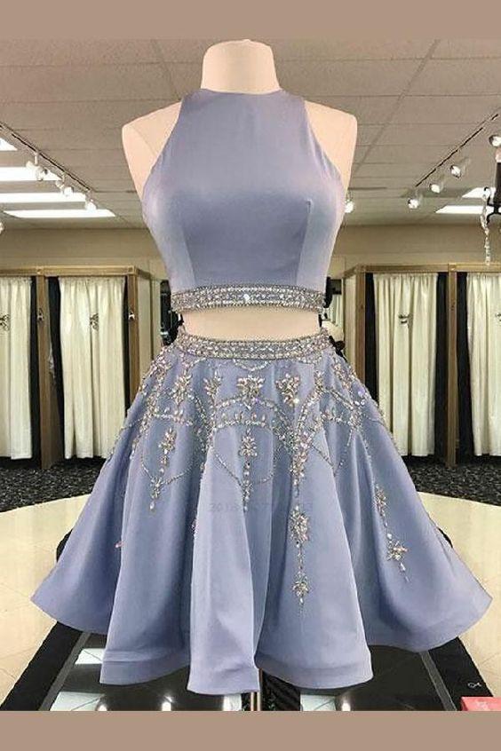 Two Piece Round Neck Short Light Sky Blue Rebecca Homecoming Dresses Beaded Cheap DF16