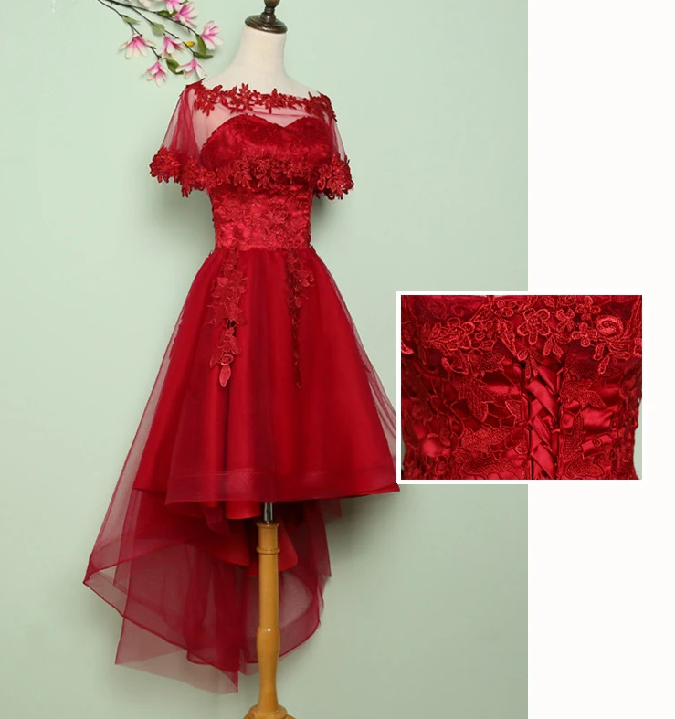 Wine Red Tulle Angelique Lace Homecoming Dresses High Low Formal CD17414