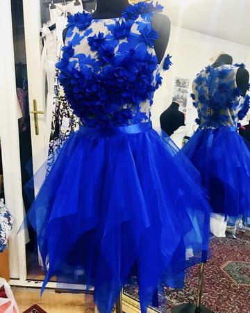 Organza Ruffles Homecoming Dresses Lace Cloe Royal Blue With 3D Flowers CD175