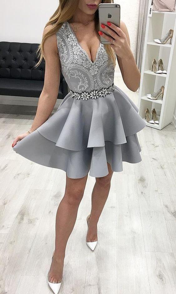 V Neck Grey Homecoming Dresses Sahna Lace A Line Short With Beading CD181