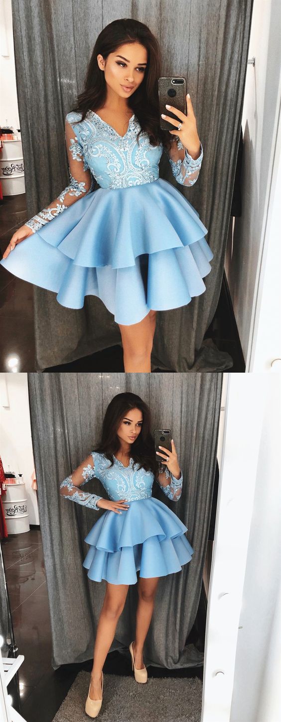 Long Sleeves Short Blue Dresses Short Blue Graduation Formal Luz Lace Homecoming Dresses Dresses DF188