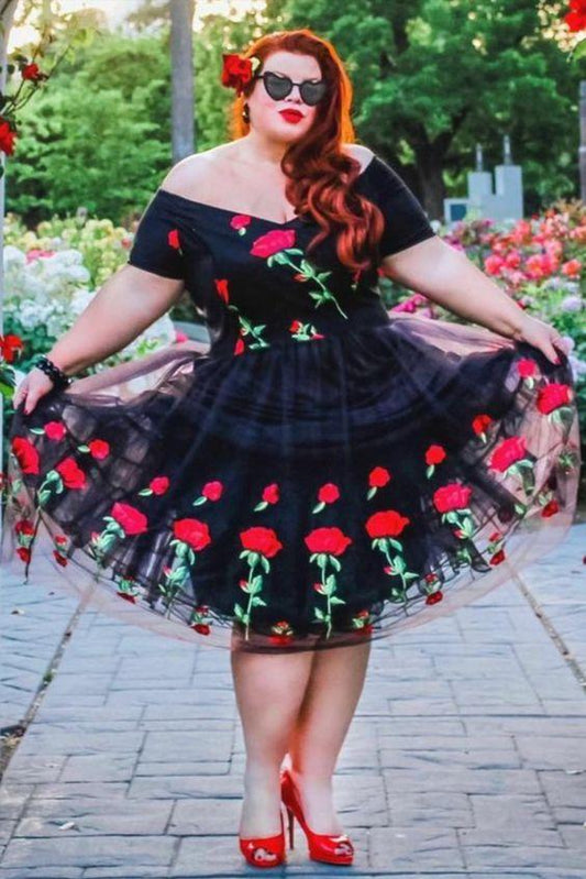 Short Plus Size Off The Shoulder Black And Rose Skyla Homecoming Dresses Floral Embroidered DF19214